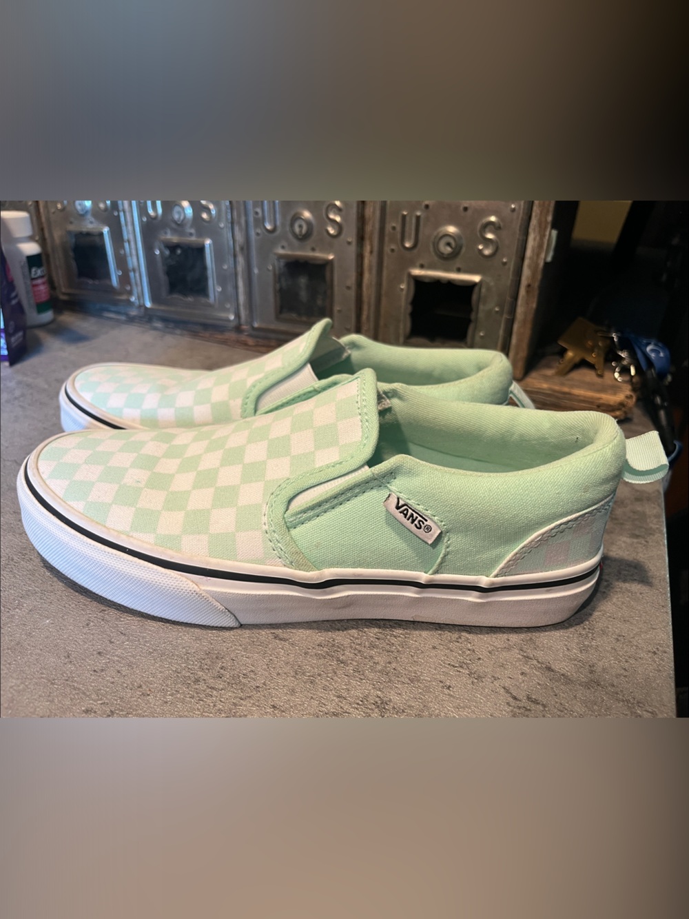 Vans Mint Green and White Checkerboard Slip-On Sneakers